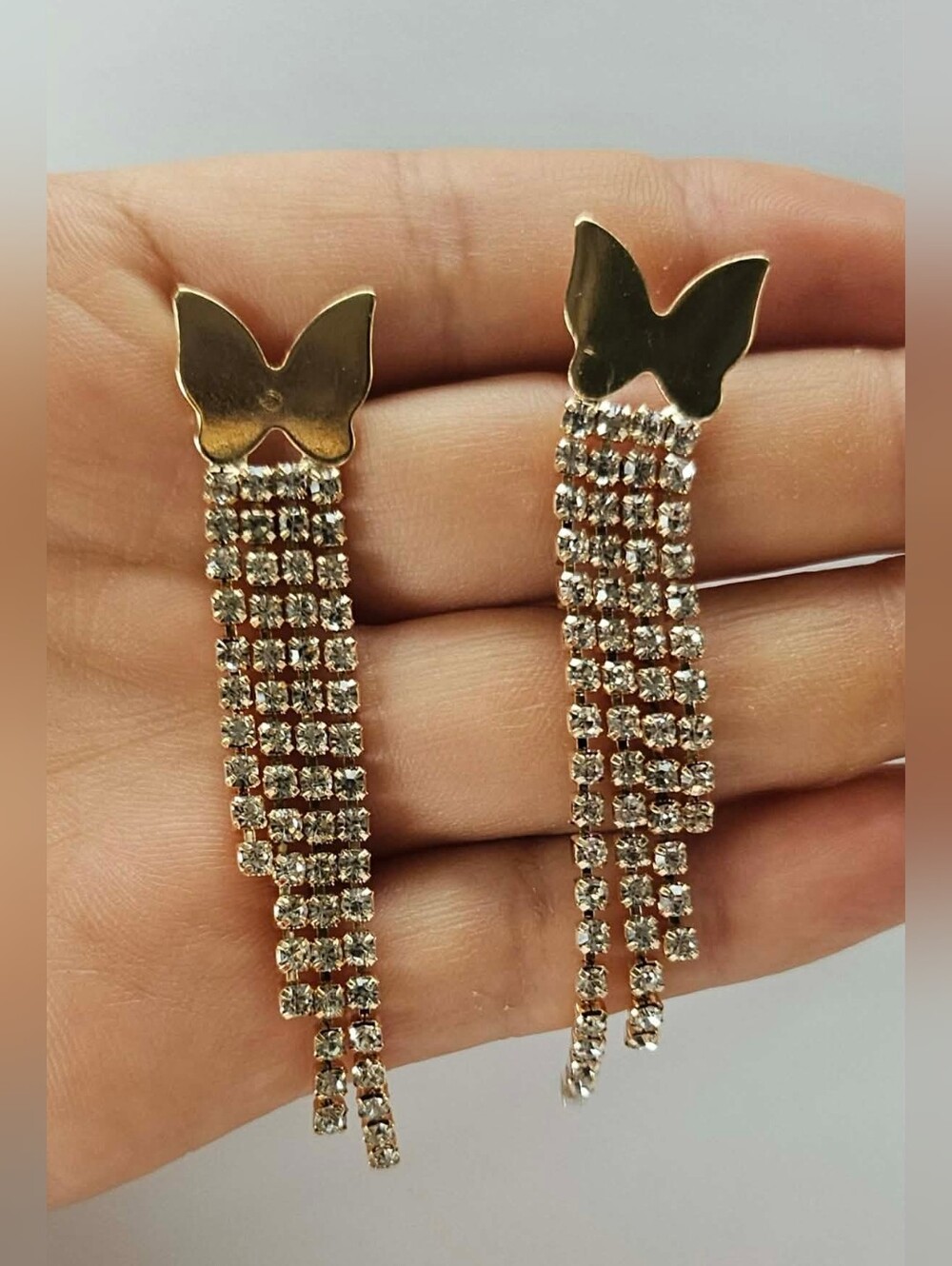 Gold Butterfly Drop Earrings with Crystal Tassels